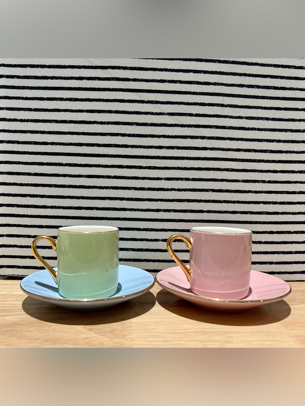 Classic Coffee & Tea Demitasse Cup Set (2 Cups 2 Saucers) Pink Mint Gold Trim